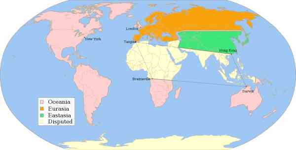 Fictitious world map of Orwell's 1984